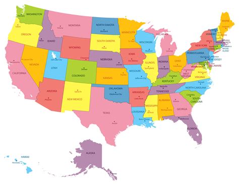 A map of the contiguous USA with 48 states, capitals, major cities, highways, railroads, and airports. Learn about the geography, climate, and history of the country.. 