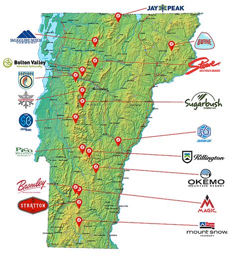 Map vermont ski. Northern Vermont Ski Areas offer many options for everyone, and yes, you can get there from here! Jay Peak, Smugglers' Notch, Stowe Mountain, and Bolton Valley are all less than 1.5 hours from the Burlington International Airport. Bolton Valley is less than an hour south of Stowe. Burke Mountain is about 30 minutes north of St Johnsbury, and ... 