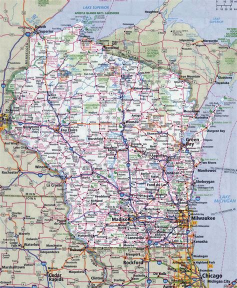 Map wi. Wisconsin is the 20th-most populous state and the 25th-largest state in terms of total area. It shares borders with Minnesota to the west, Iowa to the southwest ... 