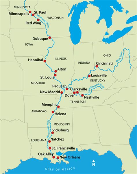 Map with mississippi river. The mighty Mississippi River begins its winding journey to the Gulf of Mexico as a mere 18-foot wide knee-deep river in Itasca State Park. From here the river flows north to Bemidji, where it turns east, and then south near Grand Rapids. It will flow a total of 694 miles before working its way out of Minnesota. 