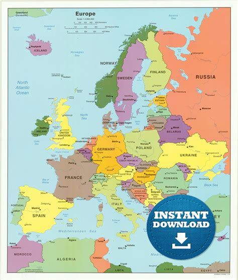 A labeled map of Europe shows all countries of the continent of Europe with their names as well as the largest cities of each country. Depending on the geographical definition of Europe and which regions it includes, Europe has between 46 and 49 independent countries. Get your labeled Europe map now from this page for free in PDF!. 