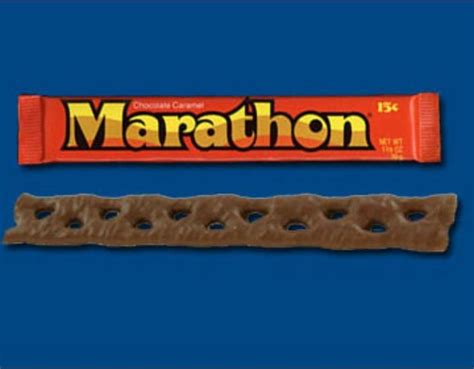 Marathon bars. Unfortunately the race has ended for Marathon bars. This uniquely shaped bar was made out of twisted caramel dipped in chocolate. It also had markings on the wrapper to show its impressive length of 8 inches. Sadly, Mars discontinued the bar in 1981 due low sales, only 8 years after it was introduced to … 