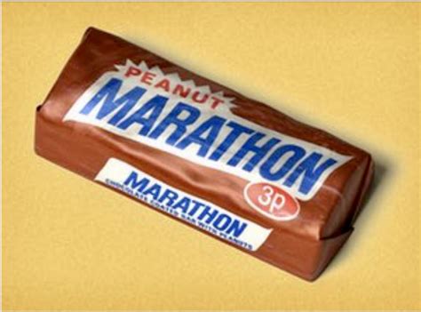 Marathon candy bar. Learn about the Marathon Bar, a chocolate-covered caramel candy bar that was discontinued in 1981 by Mars. Find out its origin, ingredients, alternative, and how it was advertised by Marathon John. See more 