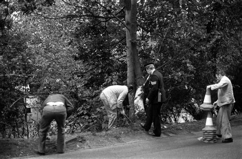 Police at the scene of the car crash in which 29 year old pop star Marc… 16 Sep 1977 The wreckage of the purple mini in which 29 year old pop star Marc Bolan,…. 