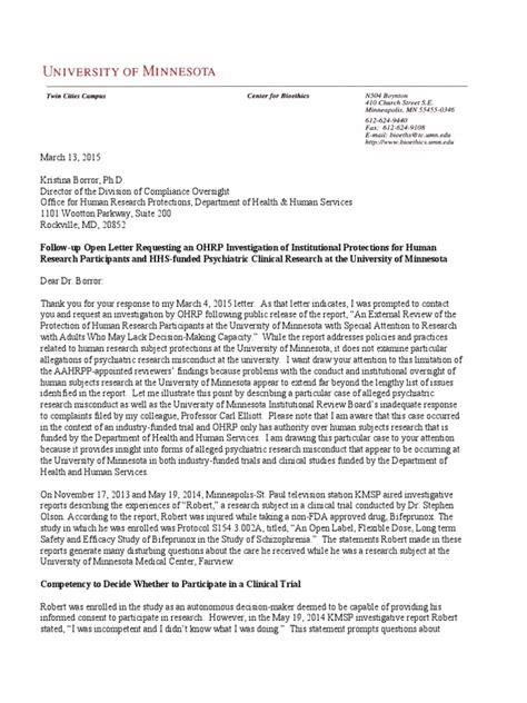 March 13 2015 Letter to Dr Kristina Borror at OHRP