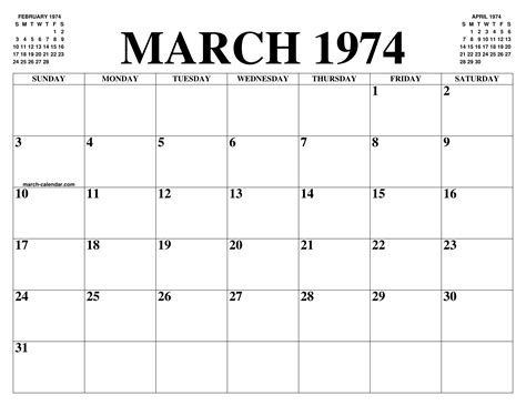 March 1974 Calendar