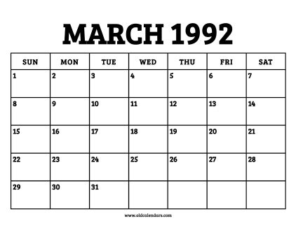 March 1992 Printable Monthly Calendar with Notes