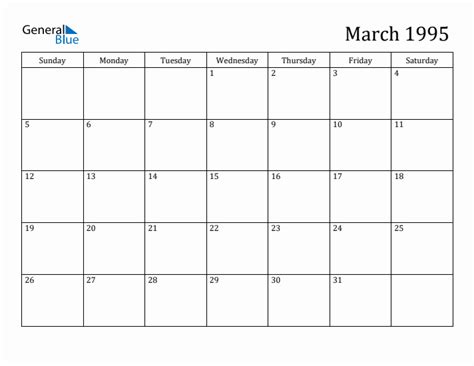 March 1995 Calendar PDF Word Excel