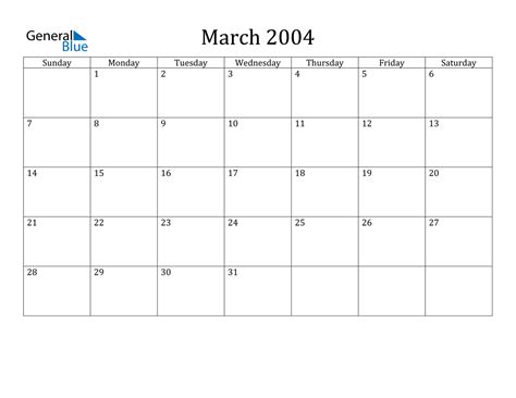 March 2004 Calendar PDF Word Excel