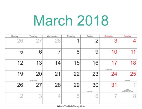 March 2018 Calender
