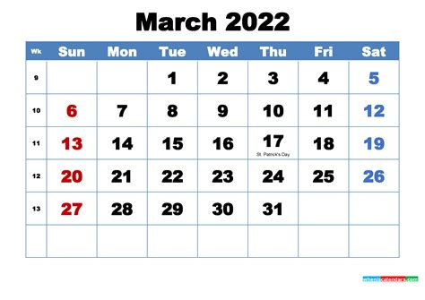 March Free Printable Calendar 2022