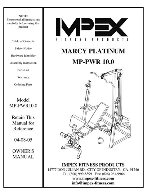 Marcy platinum home gym instruction manual. - Suzuki dt5 5hp außenborder service handbuch.