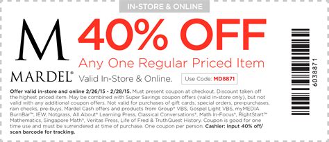 Save 30% Off With These VERIFIED Mardel Christian & Education Coupon Codes Active in August 2023. Click the button to view the complete list of all verified promo codes for Mardel Christian & Education all at once. You can copy and paste each code to find the best discount for your purchase. 12 verified coupon codes.. 