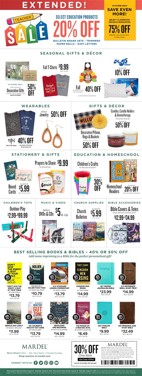 Mardel coupons. Mardel stores average 30,000 square feet of retail space and stock over 40,000 items. These items include: Bibles, books, music, gifts, children's, office supplies, and educational materials. We continue to strive for excellence in providing our customers with the best selection at the best price. 