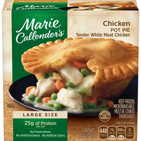 Marie calendars. Marie Callender’s frozen chicken and dumplings meal earns a strong…A- from my pointless frozen food scoring system! Veggies stayed crispy and didn’t turn to mush, nice flavor, inoffensive, vegetables had the color of actual vegetables, good portion, no post eating nausea. 133. 32. 