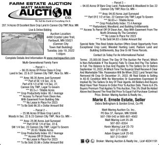 Maring auctions. Call Matt Maring Auction Co. Inc. - 800.801.4502 Tuesday, November 7: 1:00 pm CT start - Walnut Grove, MN - Online only 151 acres Cottonwood County recreational and farmland auction - 1 tract. Call Eric Gabrielson at Steffes Group, 320.693.9371 or 701.238.2570. 