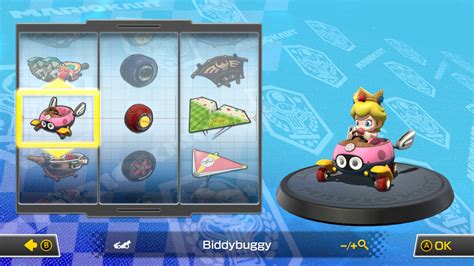5. Sort by: Significant_Cat3492. •. Biddy Buggy or Mr. Scooty with Rollers / Azure Rollers and Cloud / Paper Glider is usually best for any character. Acceleration & mini-turbo are usually more important than speed in MK8DX. the mini-turbo stat is hidden, but all parts with high acceleration also have high mini-turbo.. 