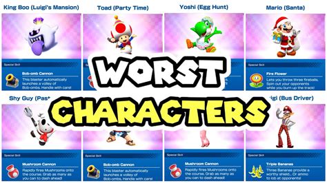 Mario kart worst characters. Oh yeah, I mentioned that the Jetsetter has low drift (27/80) in my blog, though some vehicles have worse drifting than the Jetsetter. For example, the Offroader (18/80) and Phantom (17/80) have the worst drift in the game, with the former being the slowest large kart (39/80) and the latter having the best off-road among the large vehicles (56/80). 