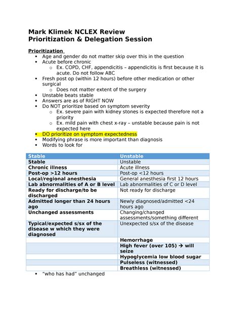 Mark klimek prioritization and delegation audio. Mark Klimek Review: Prioritization and Delegations and Staf Management Prioritization *Decide which patient is the sickest and the healthiest* Age, Gender, Diagnosis, and modifying phrase “ Most Important ” (Age and Gender are irrelevant) only pay attention to age in pediatrics!! Rule 1: Acute beats Chronic! Example: Appendicitis, COPD, CHF; the … 