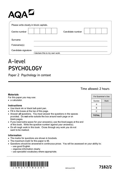 Mark scheme (A-level) : Paper 2 Psychology in context - Sample …