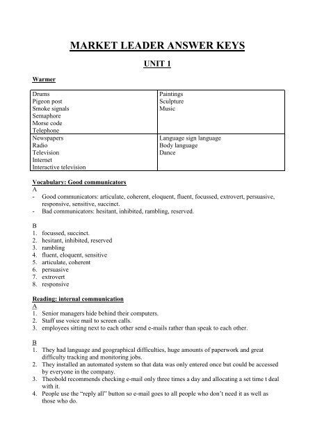 Market Leader Inermediate Answer Key Unit 4
