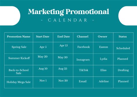 Marketing Promotional Calendar Template