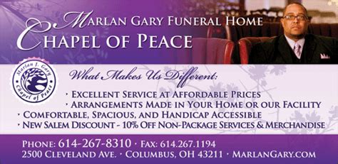 The Chapel of Peace | Columbus OH. For immediate assistance Please Call: (614) 267-8310 Leave Us A Review. Home; Services & Packages. Burial Packages; Cremation Packages ... October 21, 2023 at MARLAN J. GARY FUNERAL HOME, THE CHAPEL OF PEACE EAST, 5456 E. Livingston Ave. (one block east of Noe Bixby, turn North on Lonsdale Rd.). Interment at .... 