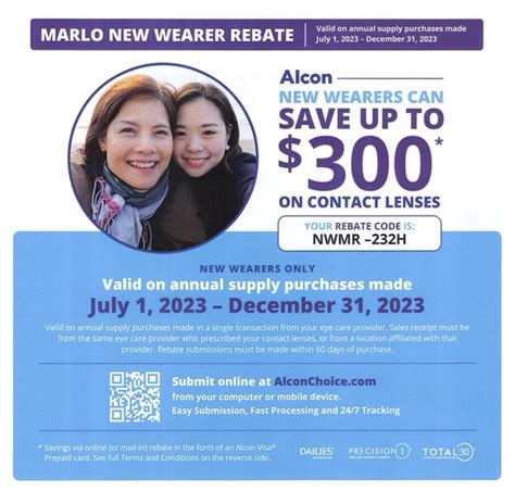 You will need to provide a rebate code from the online store and upload a photo of your purchase receipt, product UPC code, and the receipt from your eye exam with an eye doctor. 2. Alcon In-Store Rebate Program for Existing Precision1 Wearers Save $100 on an annual supply (8 boxes of 90 contacts) in-store purchase of these Precision1 …. 
