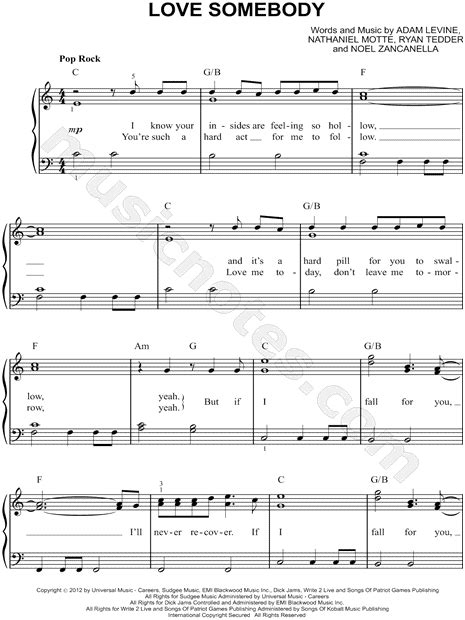 Maroon 5 "Love Somebody" Sheet Music in C Major …