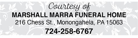 The Marshall Marra Funeral Home, 216 Chess St. Monongahela, 724-258-6767 was in charge of the arrangements. Condolences can be left at marshallmarrafuneralhome.com. To send a flower arrangement or to plant trees in memory of Betty J. Haynes, please click here to visit our Sympathy Store . View The Obituary For Betty J. Haynes.. 