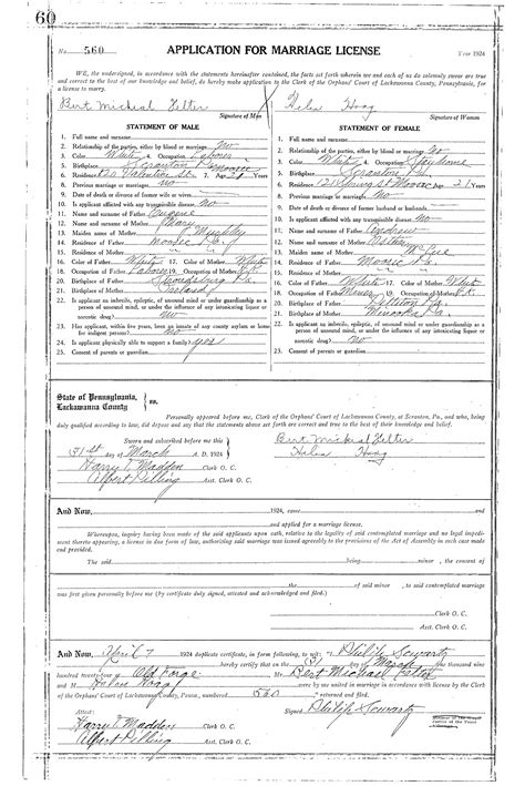 The primary function of the Marriage License Bureau is takingapplication for and issuing marriage license to couples who plan tobe married in the Commonwealth of Pennsylvania.The Marriage License Bureau archives all marriage licenses, issuedin Lackawanna County from 1885 Ã¢Â€Â" to present day.. 