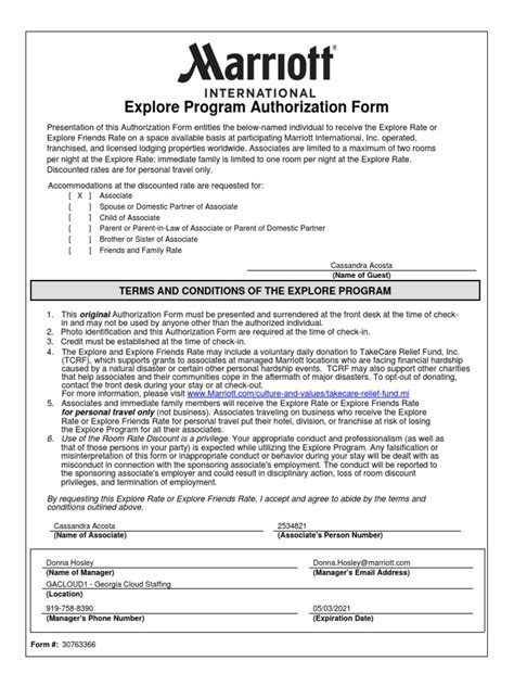 2. Photo identification and this Authorization Form are required at the time of check-in. 3. Credit must be established at the time of check-in. 4. The Explore and Explore Friends Rate may include a voluntary daily donation to TakeCare Relief Fund, Inc. (TCRF), which supports grants to associates at managed Marriott locations who are facing financial hardship caused by a natural disaster or .... 