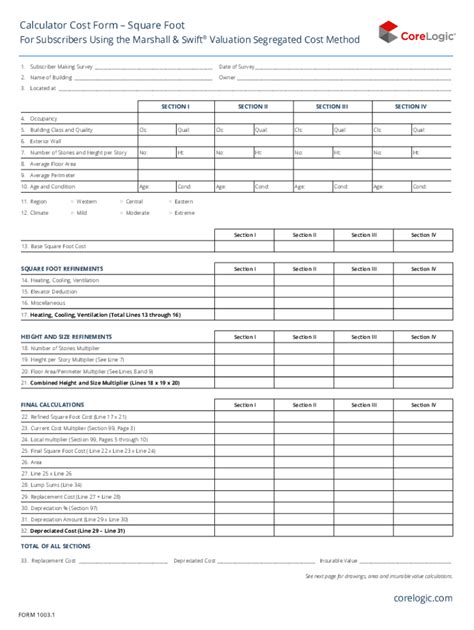 Marshall Swift Calculator Cost Form