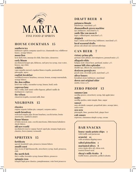 Marta fine food and spirits photos. Marta Fine Food and Spirits « Back To Baltimore, MD. 1.39 mi. American (New), Italian $$ 443-708-5962. 2127 E Pratt St, Baltimore, MD 21231. ... Food 0.25 mi away ... 