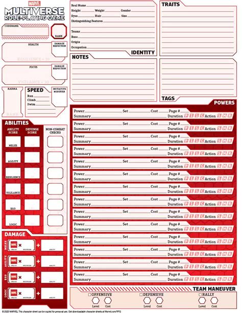Marvel Multiverse Roleplaying Game Fillable Character Sheet Marvel