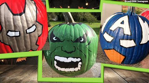 Marvel pumpkin painting. Gold Spider Painted Pumpkin. Spray paint your pumpkin white and let dry, then hot-glue three long strips of ¼-inch glittered ribbon to to create radial threads of web. Measure, cut, and glue 12 ... 