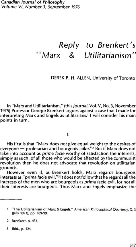 Marx and Utilitarianism Canadian Journal of Philosophy