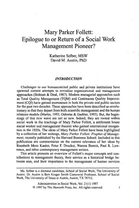 Mary Parker Follett: epilogue to or return of a social work