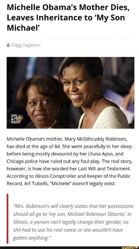 Mary mcgillicuddy robinson. Jul 14, 2021 · Due to her many obligations as first lady, which included international travel, Michelle Obama asked her mother, Marian Shields Robinson, to move into the White House as a way to help the girls adjust and maintain a sense of normalcy (via The Daily Mail ). Obama shares a close relationship with her mother. In a Mother's Day Instagram tribute ... 