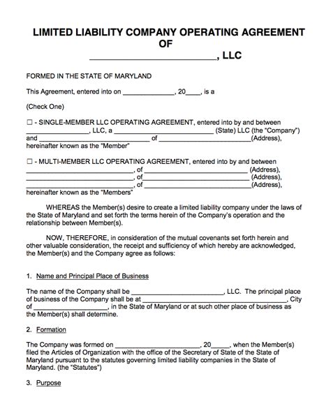 Maryland Llc Operating Agreement Template