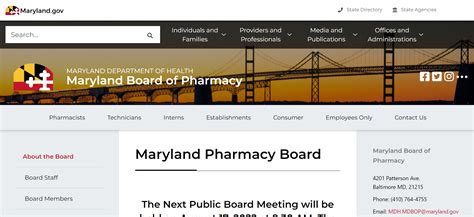 Maryland board of pharmacy. FUNCTION OF BOARD/COMMISSION: (Brief Description) To protect consumes and promote quality pharmacy health care through licensing pharmacists, registering pharmacy technicians, and issuing permits to pharmacies and pharmacy distributors. Setting standards through regulations and legislation , educating consumers and investigation and resolving ... 