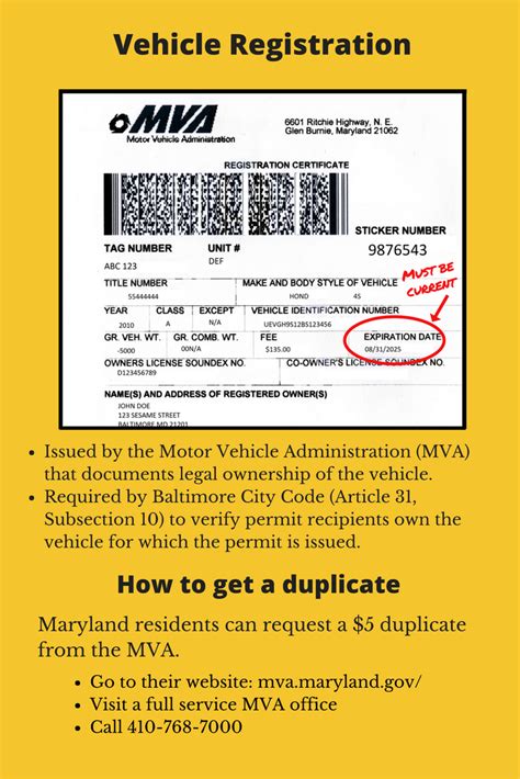 Maryland mva vehicle registration. In person at any of the MVA's full service branch offices. The request must include a completed Applicat ion for Duplicate Certificate of Title that has been signed by all vehicle owners, and the original title if it is available (e.g. the title is altered or mutilated). A copy of the owner (s) valid driver's license or state issued ID must ... 