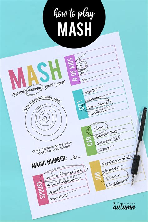 Mash Game Printable