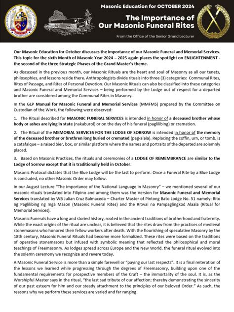 Masonic funeral services with instructions.  Encourage Brethren to take ad...