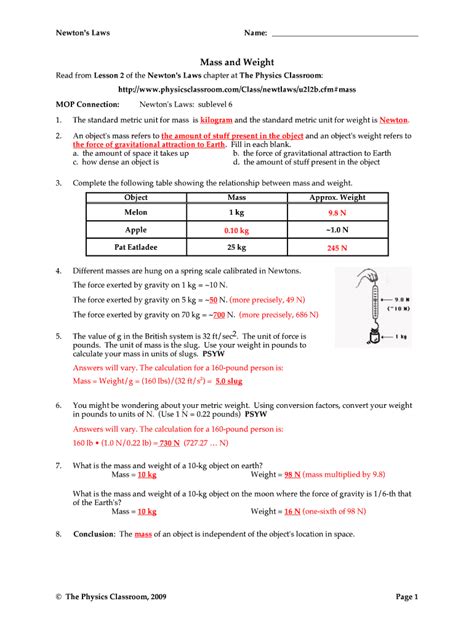 Mass To Classroom Weight Physics Answers