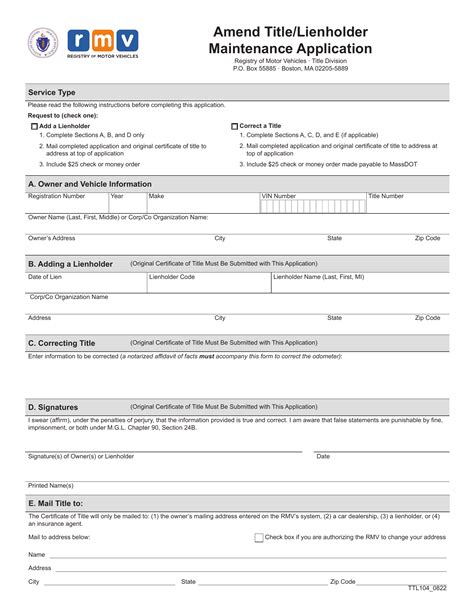 Mass rmv title status. RMV Records Requests. The RMV maintains records on driving histories, as well as motor vehicle crashes and vehicle registration and titles. You can apply to request copies of some publicly available information. Some information such as copies of driving records are available through the RMV. Information that may be personally sensitive might ... 