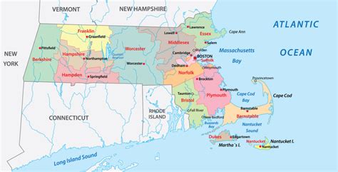 Massachusetts County Map with County Seat Cities - Geology