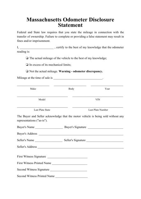 Massachusetts Odometer Disclosure Statement Form Download Printable PDF