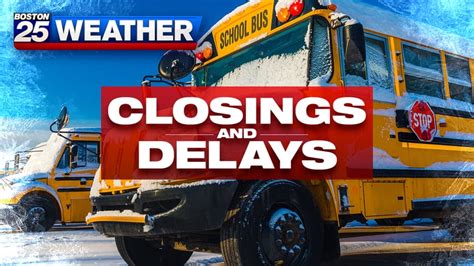 Massachusetts closings and delays. Here is a partial list of Massachusetts schools that announced closures and delays for Monday: Acton-Boxborough Regional School District — two hour delay Amesbury Public Schools — two hour delay 