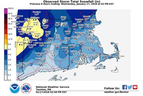 Snowfall forecast for Massachusetts for Saturday, Jan. 29, 2022. (National Weather Service). 10 a.m., Blizzard warning in effect, 10 inches reported on the ground in Eastern Massachusetts. 